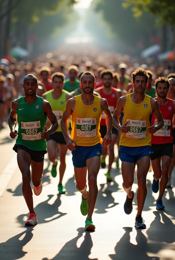 A high-quality photo of a large group of Brazilian people running in a marathon during the daytime. The runners, wearing a variety of colorful athletic gear, are in mid-stride, with expressions of focus and determination. sunlight dapples the ground, creating dynamic shadows. The scene is lively with spectators cheering from the sidelines, and the overall atmosphere is energetic and celebratory.
