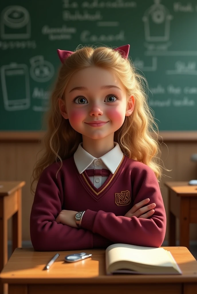 a beautiful  indigenous girl with curly blonde hair and chubby cheeks, wearing a burgundy school uniform, sitting in a classroom