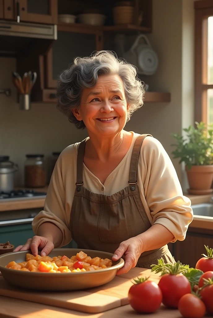 ((best quality)), ((masterpiece)), (detailed), perfect face create an image of an adorable grandmother with slightly curly black hair, who loves to cook and cook for her grandchildren who always go there to see her and stay with her, full of love, do it yourself, and remember she is almost 70 years old