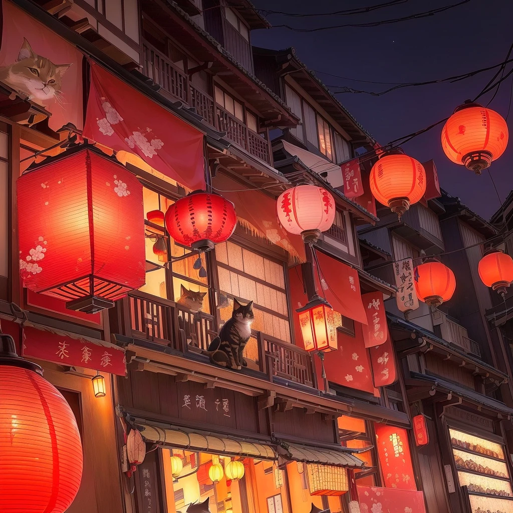 illustration of a street with lanterns and a cat in the window, The colorful Kitsune city, Japanese cartoon style, studio ghibli aesthetics, anime aesthetics, streetlights shineся, streetlights shine, A dreamy Chinese town, anime background art, Red lanterns, Traditional Japanese concept art, tea ceremony and paper lanterns, In a Japanese town at night, from Eizan This is a gift