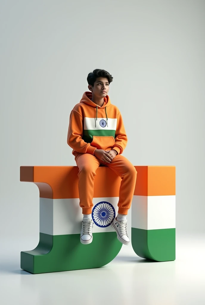 Create a 3d Realistic Image of a 18 Years Old Boy Sitting on a 3d Large Letter ‘prashant’ which has Indian Flag Color and Design and it has orange, white and green stripes and a blue Ashoka chakra in the middle. The background is a white and grey gradient background and the boy is wearing indian flag color sweat shirt with joggers and sneakers.