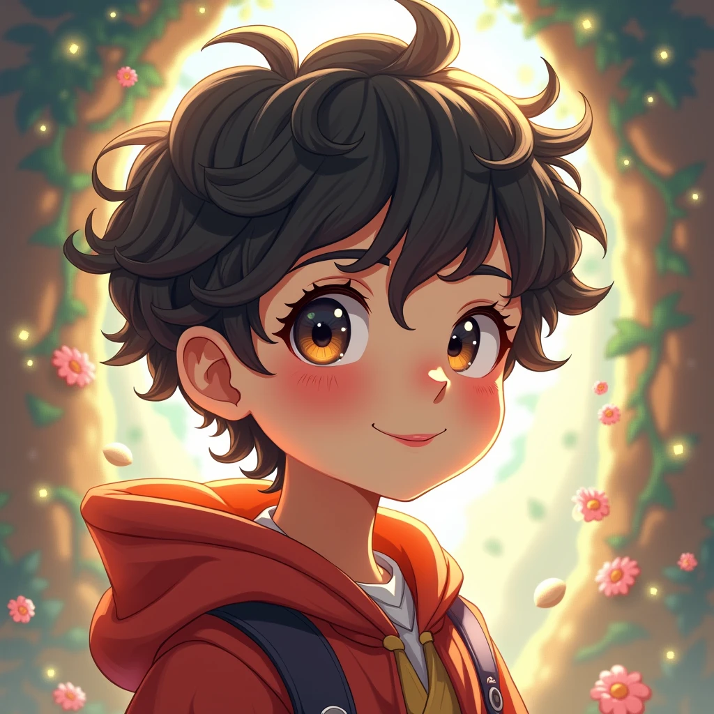 a cute anime-style boy, magical taruruuto-kun inspired, beautiful detailed eyes, beautiful detailed lips, extremely detailed face, long eyelashes, wavy hair, intricate hairstyle, colorful outfit, detailed clothing folds, dynamic pose, detailed background, warm lighting, vibrant colors, digital painting, concept art style, high quality, 8k, photorealistic