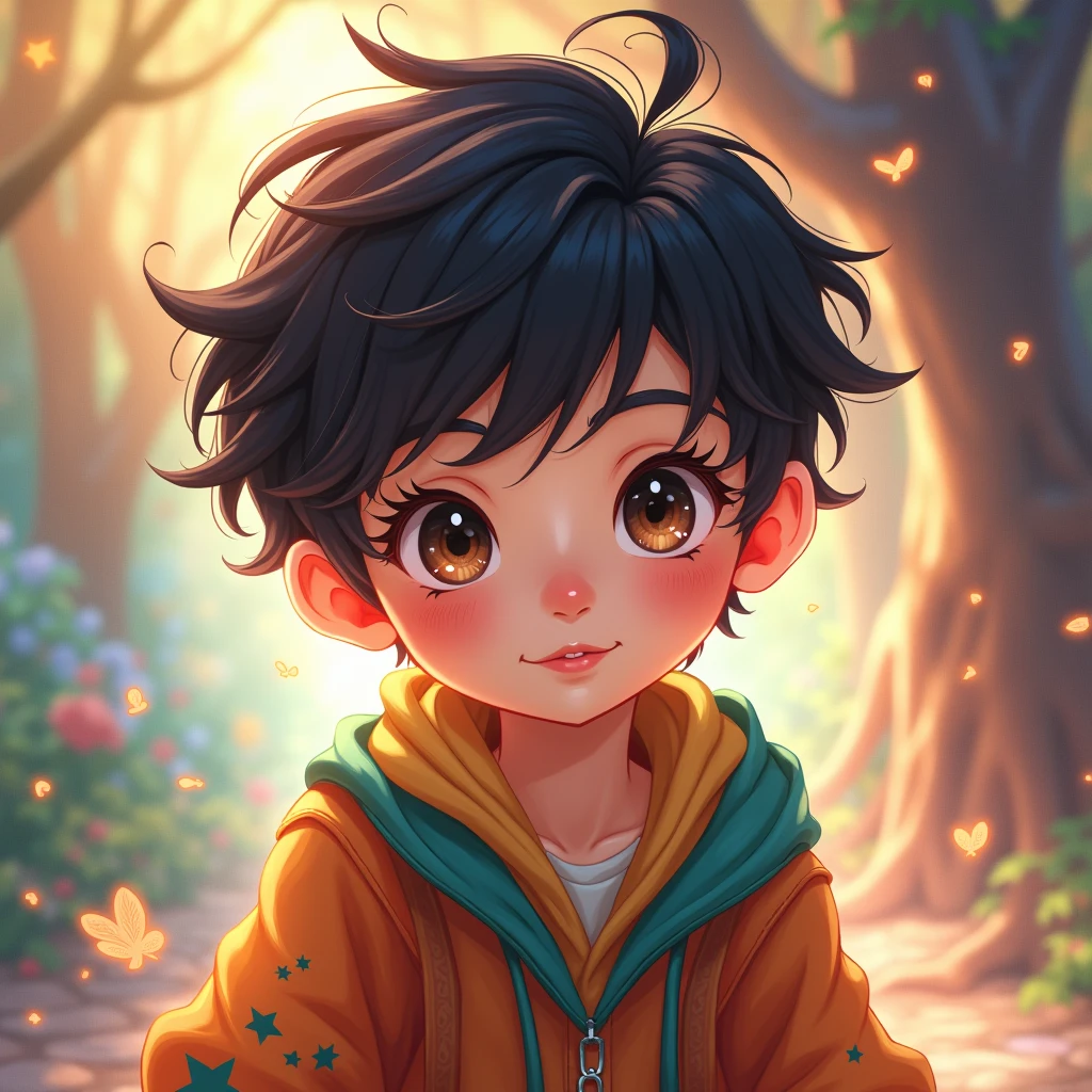 a cute anime-style boy, magical taruruuto-kun inspired, beautiful detailed eyes, beautiful detailed lips, extremely detailed face, long eyelashes, wavy hair, intricate hairstyle, colorful outfit, detailed clothing folds, dynamic pose, detailed background, warm lighting, vibrant colors, digital painting, concept art style, high quality, 8k, photorealistic