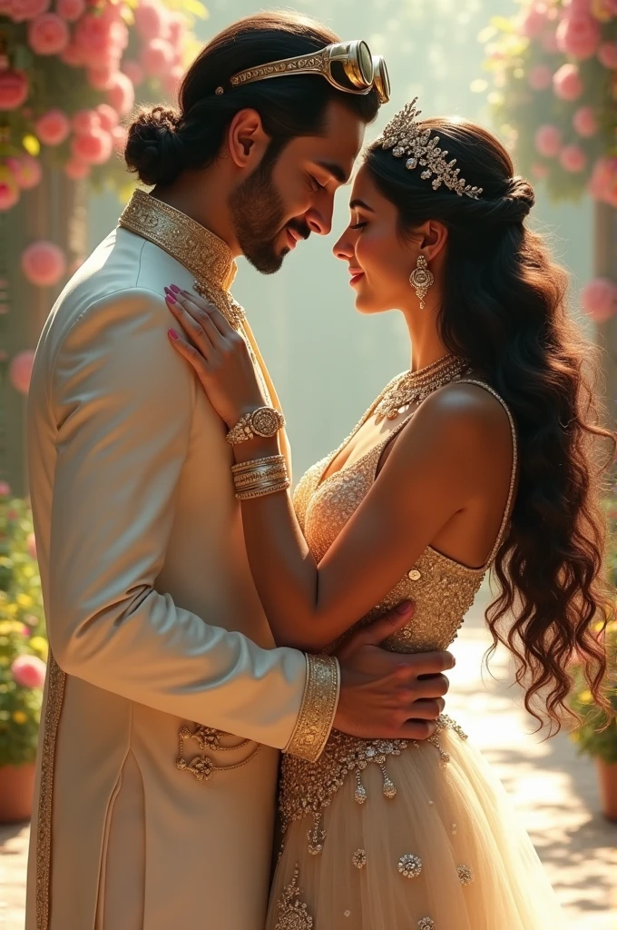 arabian beautiful bride with her groom, wearing goggles, floral destination, white gold tiny choli, white gold ghagra, matching sherwani, stomach visible,  , tiara, jewellery, long hairs, cute smile, shy, beautiful curves,  looking each other, dancing pose,