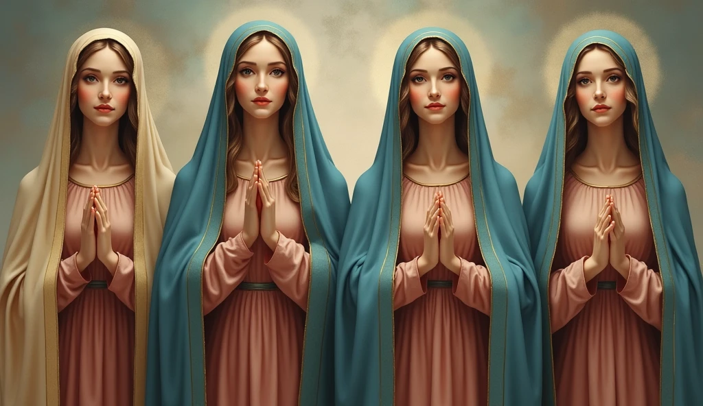 Four beautiful women standing side by side facing forward。Virgin Mary of、20歳Virgin Mary of、24歳Virgin Mary of、28歳Virgin Mary of。She is wearing a reddish-beige tunic with a sky-blue cloak and veil.
