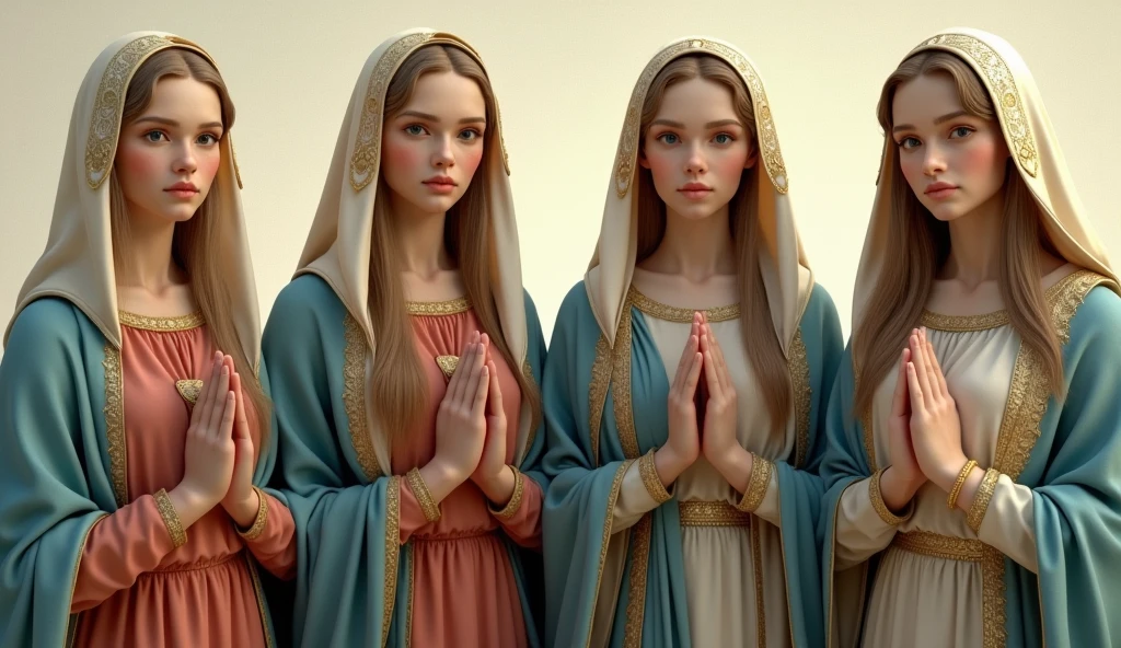 Four beautiful women standing side by side facing forward。Virgin Mary of、20歳Virgin Mary of、24歳Virgin Mary of、28歳Virgin Mary of。She is wearing a reddish-beige tunic with a sky-blue cloak and veil.