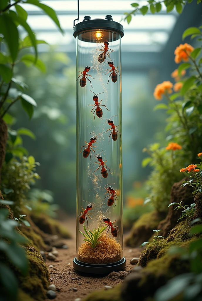Ant elevator in transparent tube with air compression inside a terrarium