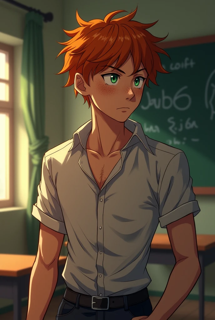 (photorealism:1.2), handsome guy, ginger hair, soft green eyes, stoic and serious look, 5’8 in height, lean body, a bruise around left eye and on face, freckles on face, soft lighting, classroom in background, anime, realistic, intricate details, warm colors, tough looking