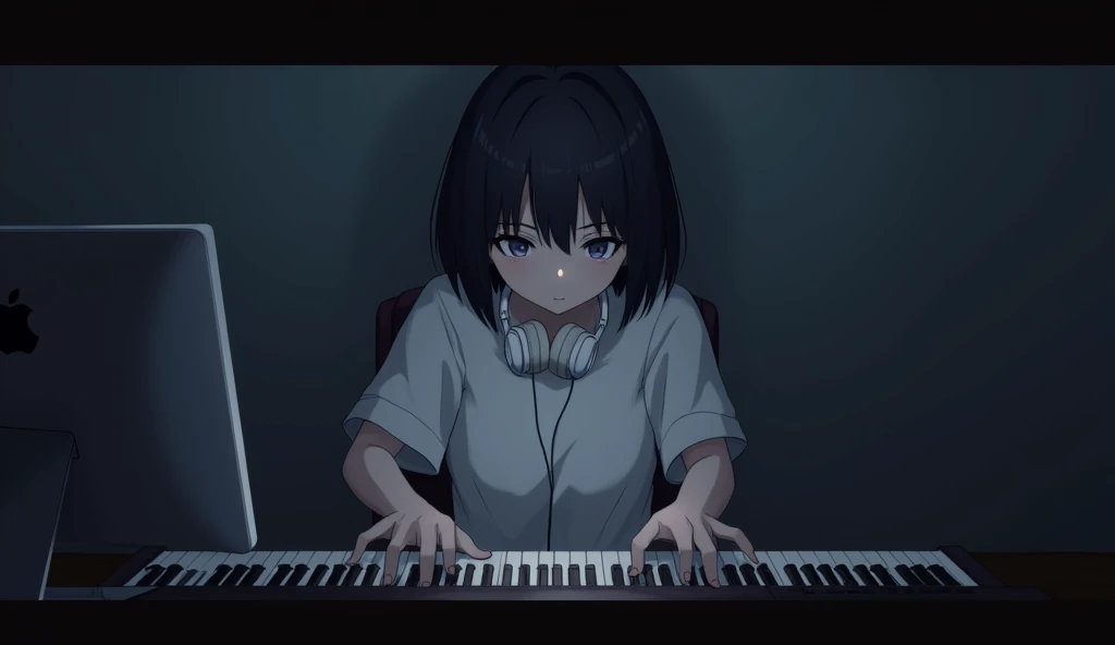 One person, Playing the keyboard in front of a computer,A round, heavy bob haircut,19 years old,White T-shirt,Dark Room,White headphones around the neck,Anime Style,High resolution, 