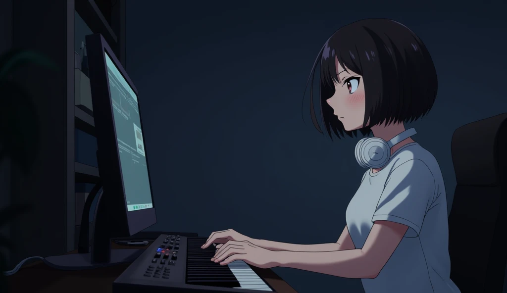 One person, Playing the keyboard in front of a computer,A round, heavy bob haircut,19 years old,White T-shirt,Dark Room,White headphones around the neck,Anime Style,High resolution, 