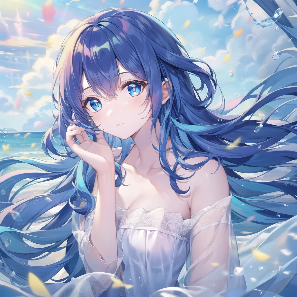 ((masterpiece, best quality))++, Detailed lighting+, Detailed hair+, Detail hand+ ,1 girl, Miss, Long hair, Crimson eyes, beautiful eyes, Young blue-haired,,(beautiful blue hair:1.5),(Beautiful and delicate eyes), high resolution+,glass tint, Reflective eyes, {{angle}} , Very detailed wallpaper, The original, Air bangs,Extremely beautiful CG,Firefly,Nature,ocean