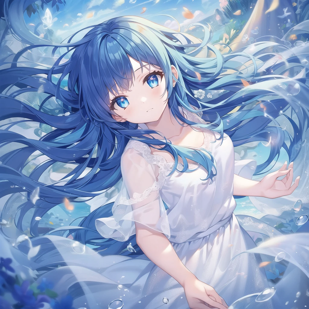 ((masterpiece, best quality))++, Detailed lighting+, Detailed hair+, Detail hand+ ,1 girl, Miss, Long hair, Crimson eyes, beautiful eyes, Young blue-haired,,(beautiful blue hair:1.5),(Beautiful and delicate eyes), high resolution+,glass tint, Reflective eyes, {{angle}} , Very detailed wallpaper, The original, Air bangs,Extremely beautiful CG,Firefly,Nature,ocean