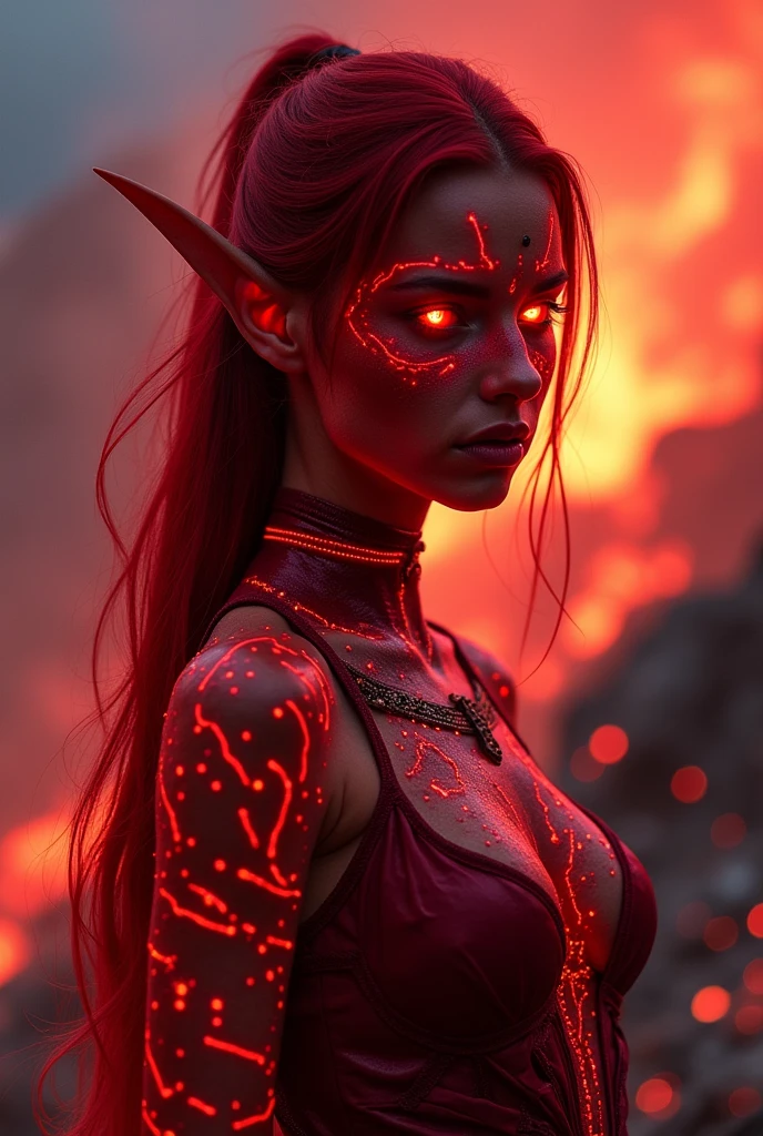 a fire elf, on the mountain, in the middle of an ash storm, ((red skin))) dark red eyes glowing neon, dark red hair, full body red makeup with runes glowing neon red, wearing like a dark red fire druid, with medium breasts, sensual and attractive body.