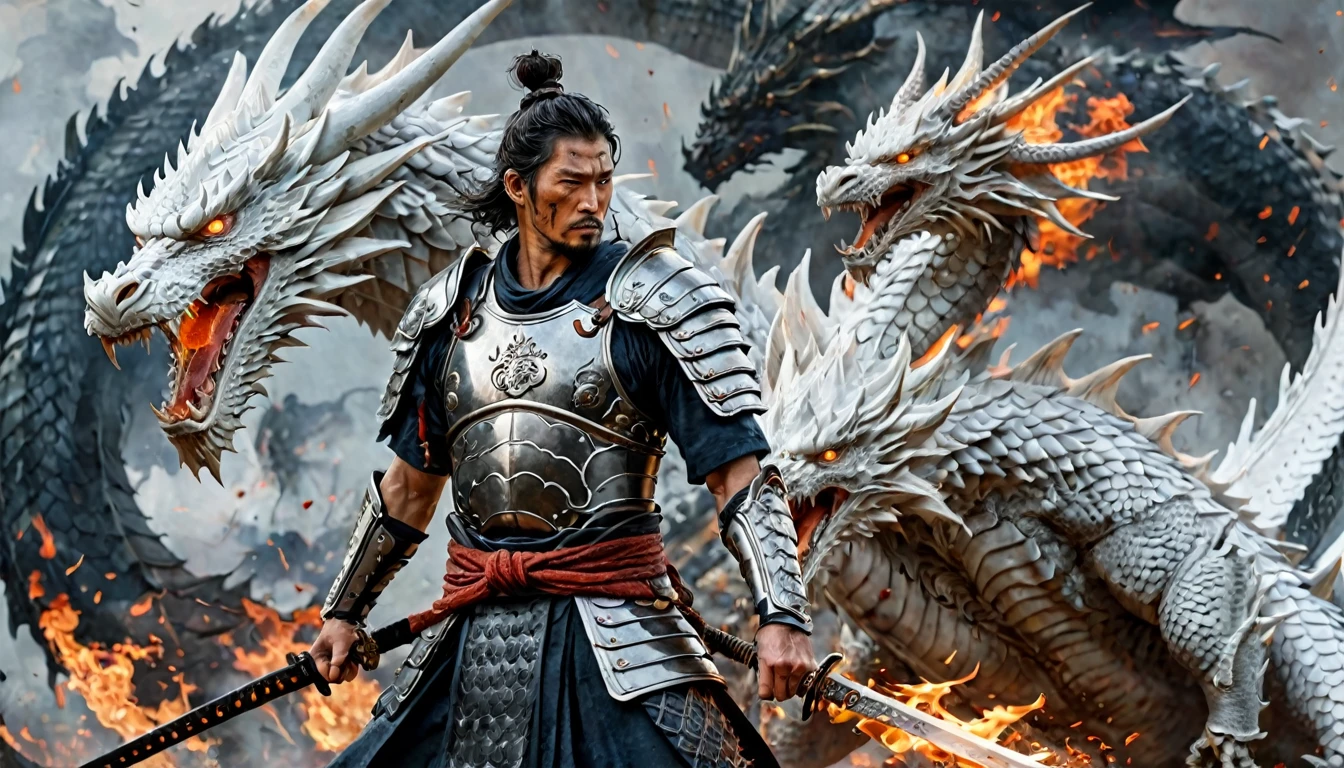 stoic tenjin warrior next to a white dragon, muscular, amazing sword, samurai armor, older, scars, highy detailed, intrikate, flames emanating from the body, broken armor, field of battle, misty, hyper detailled, tattoo's