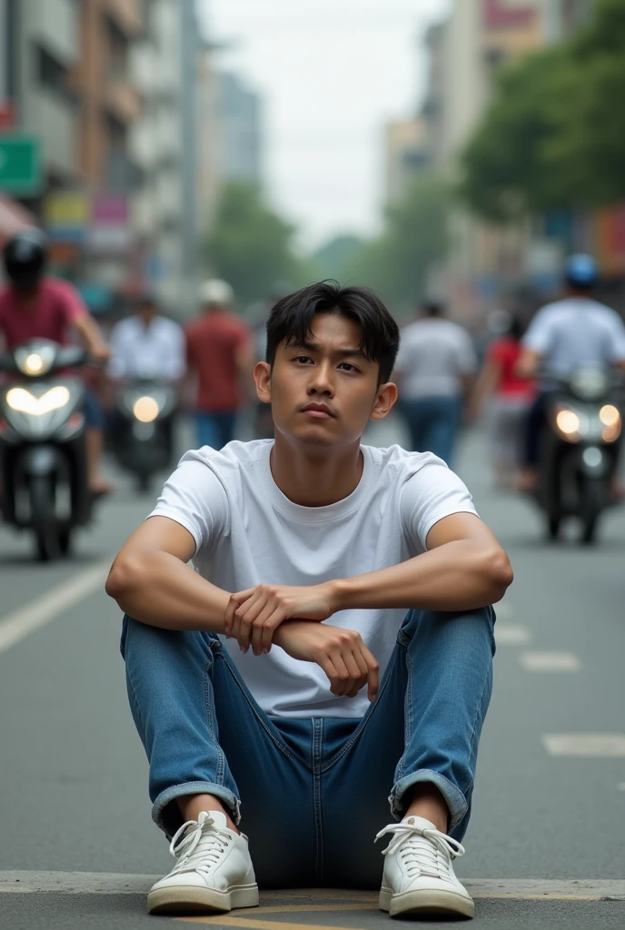 realistic photo, A young Indonesian man, 21 years old, wearing a white t-shirt, blue jeans, white sneakers, tired face, sitting on the side of the road with many vehicles and passers-by. Candid camera, full body view. Contrast colors. detail.