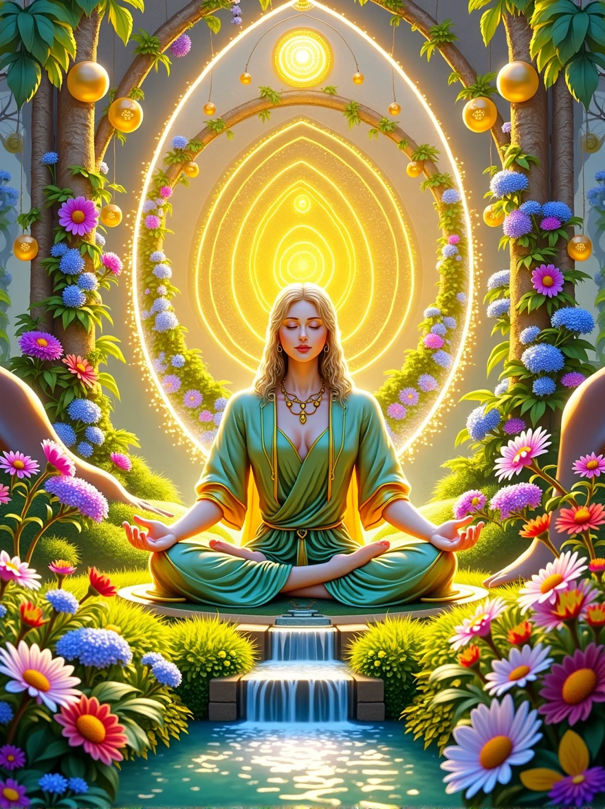 Imagine a serene, mystical garden, bathed in a soft golden glow, resembling ancient illuminated manuscripts. In the heart of this scenery, there's a figure sitting in a meditative state, encircled by vibrant blossoming flowers and gently babbling streams of water. The scene is portrayed through a tilt-shift lens, bringing about an otherworldly, dreamlike ambience and highlighting the spiritual aspect of the journey. The artistry is a blend of digital art and glowing airbrush techniques, giving the visualization an alive feel with bright colors and fine details. This image should evoke a profound feeling of tranquility, enlightenment, and respect for the spiritual journey conveyed in ancient holy texts.