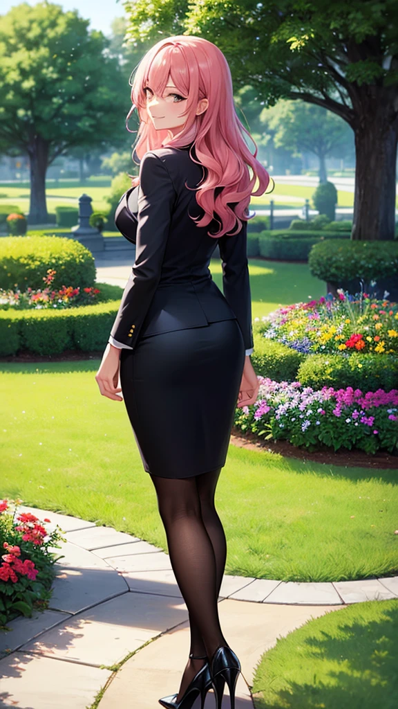 masterpiece, best quality, high detail, beautiful business woman, wavy hair, pink hair, large bust, black blazer, gray pencil skirt, heels, looking at viewer, wide eyed, upper body, garden, grass, park, tree, view from behind, walking, smile