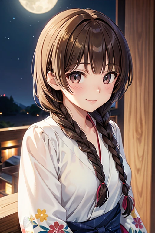 Yuno Shimazu、Shiny brown hair,Long Hair,  、((2 braids:1.5、Hair that falls over the shoulders)),Beautiful brown eyes、Sparkling eyes, Fine grain、smile、Ultra-detailed eyes、Highly detailed face, Highly detailed eyes,Cowboy Shot、

 
masterpiece, Highest quality, Absurd, Perfect Anatomy,  alone,  beautiful, Hilarious, Moonlit Night, Summer festival, Summer winds, Floral Yukata, ,smile