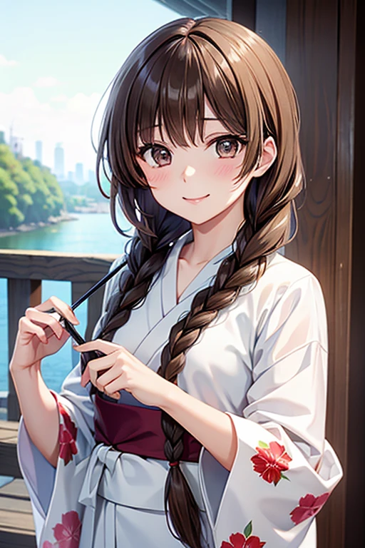 Yuno Shimazu、Shiny brown hair,Long Hair,  、((2 braids:1.5、Hair that falls over the shoulders)),Beautiful brown eyes、Sparkling eyes, Fine grain、smile、Ultra-detailed eyes、Highly detailed face, Highly detailed eyes,Cowboy Shot、

 
masterpiece, Highest quality, Absurd, Perfect Anatomy,  alone,  beautiful, Hilarious, Moonlit Night, Summer festival, Summer winds, Floral Yukata, ,smile