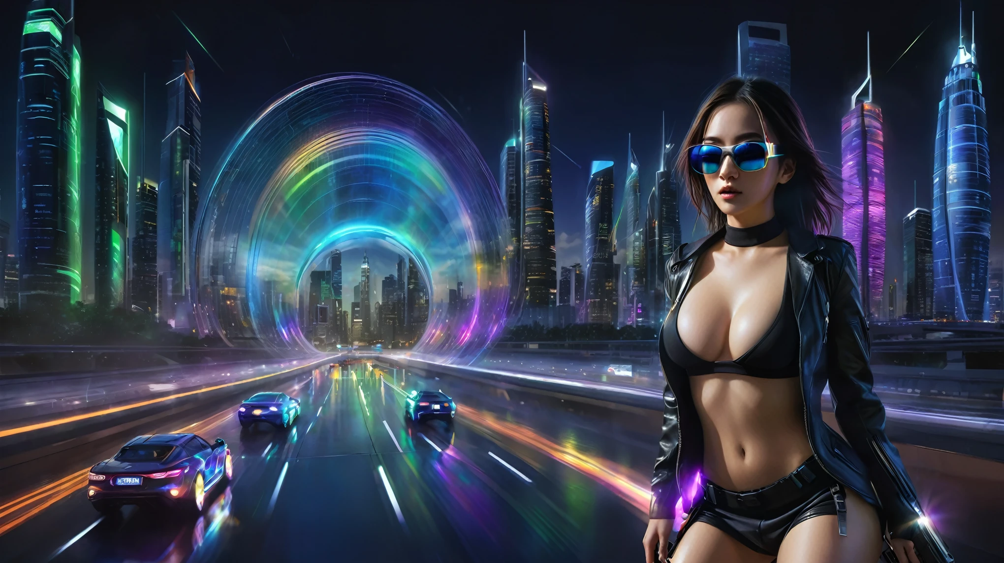 Estilo: arte conceitual. A cena: Futuristic cityscapes with colorful all-glass towering skyscrapers, sleek aerodynamic vehicles speeding through the air, sci-fi spirit-sparkling rainbow colors wormhole at the end of the street. High-resolution OLED GUI interfaces in the building, The windows are filled with transparent data visualization infographics that show it all, from weather patterns to traffic flow, Matrix cascading code. Colors are saturated and vibrant. At night, (1girl, solo), photo realistic, medium-:1.3 slim body, cleavag top, miniskirt, (matrix style black sunglasses, holding a short gun), half-body thigh level medium shot, cinematic lighting, ray tracing.