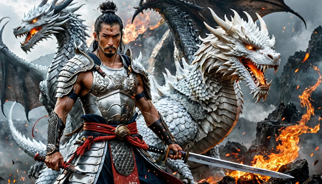 stoic tenjin warrior next to a white dragon, muscular, amazing sword, samurai armor, older, scars, highy detailed, intrikate, flames emanating from the body, broken armor, field of battle, misty, hyper detailled, tattoo's