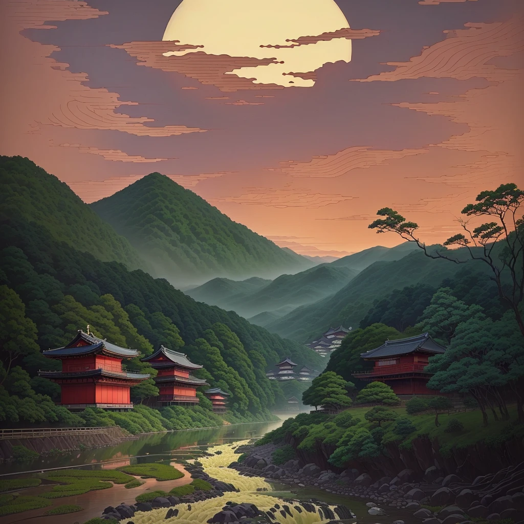 painting of a river, flowing through the lush green forest, anime landscape, inspired by Kawase Hasui, lofi art, decorations, anime rural landscape, japanese art style, inspired by Hasui Kawase, inspired by Yoshida Hanbei, Anime landscapes, Japanese city, подробные decorations, ghibli art style, in the style of ukiyo-e