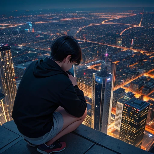 Kneeling down, I look up at the night sky.,The night view with towering skyscrapers。Before Dawn。it's raining。The back view of one person, Shiny Hair, Highlight color hairstyle, High resolution, 最高quality, quality, Very detailed, Ultra high definition