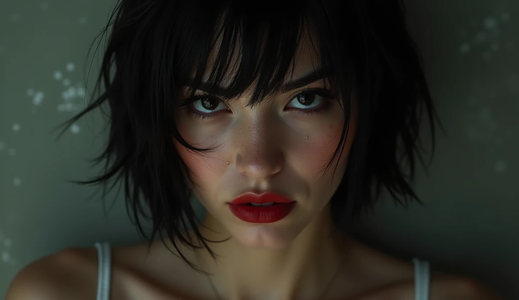 wallpaper, woman head, bob cut, sexual tension, red lips, sexy despair, sweat, loosing control 