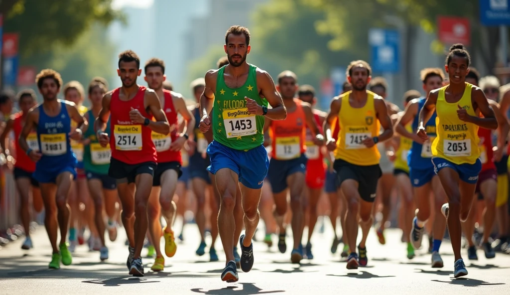 A high-quality photo of a large group of Brazilian people running in a marathon during the daytime. The runners, wearing a variety of colorful athletic gear, are in mid-stride, with expressions of focus and determination. sunlight dapples the ground, creating dynamic shadows. The scene is lively with spectators cheering from the sidelines, and the overall atmosphere is energetic and celebratory.