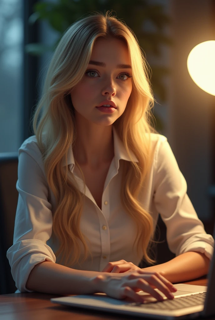 une belle fille aux longs cheveux blonds, detailed eyes, nose, and lips, porter une tenue professionnelle, assise dans son bureau, en utilisant son ordinateur, ordinateur HP (best quality,4K,8k,high resolution,head of'artwork:1.2),ultra-detailed,(realistic,photorealistic,photo-realistic:1.37),HDR,studio lighting,Highly detailed face and body, portrait,Cinematic lighting,Dramatic lighting,warm color tones,couleurs dramatiques