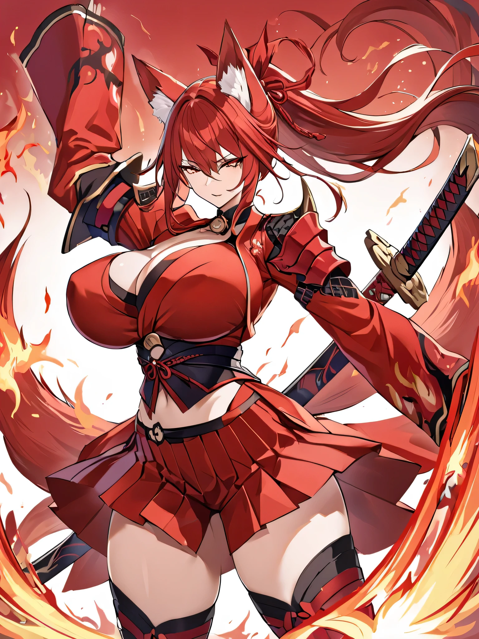  8K Best quality Best work Red long ponytail Red fox ears Nine fox tails Very large breasts Flaming Japanese sword Red jacket Long hakama Red eyeshadow on lower eyelids Red burning background Japanese style Samurai Flame hell Five fingers In battle