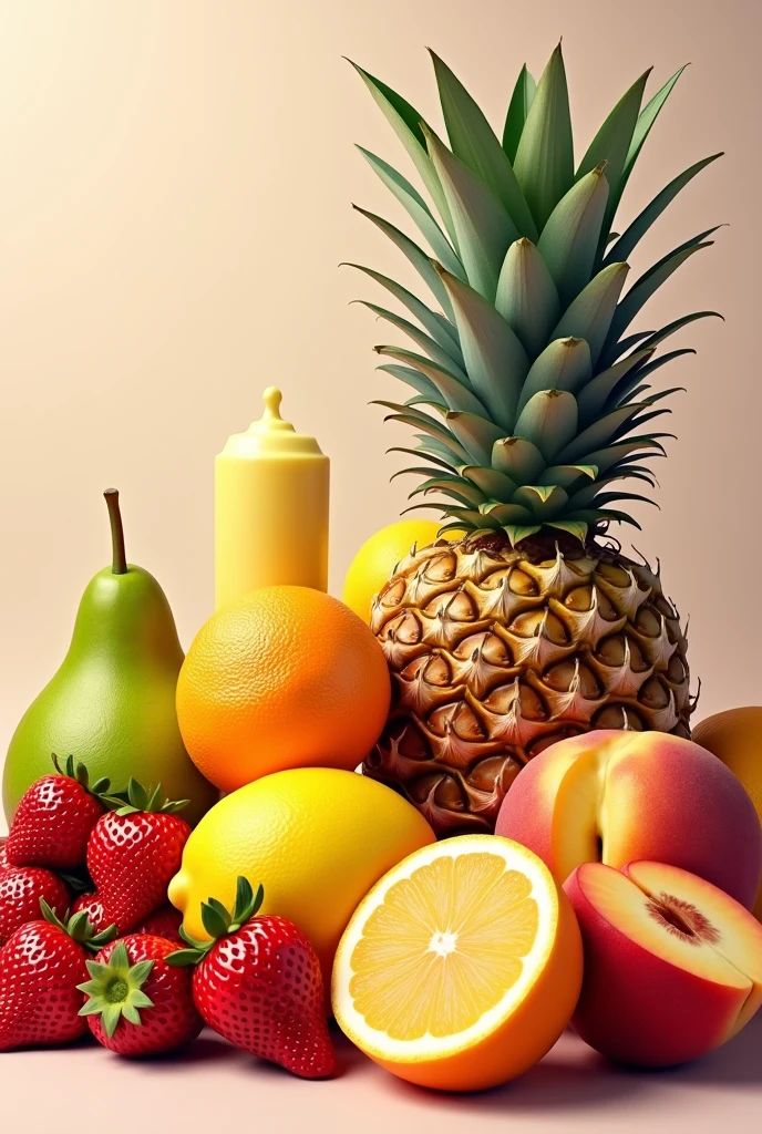 Create a realistic image with many fruits like Strawberry, Piña, orange, Lemon and Peach. Colorful and attractive
