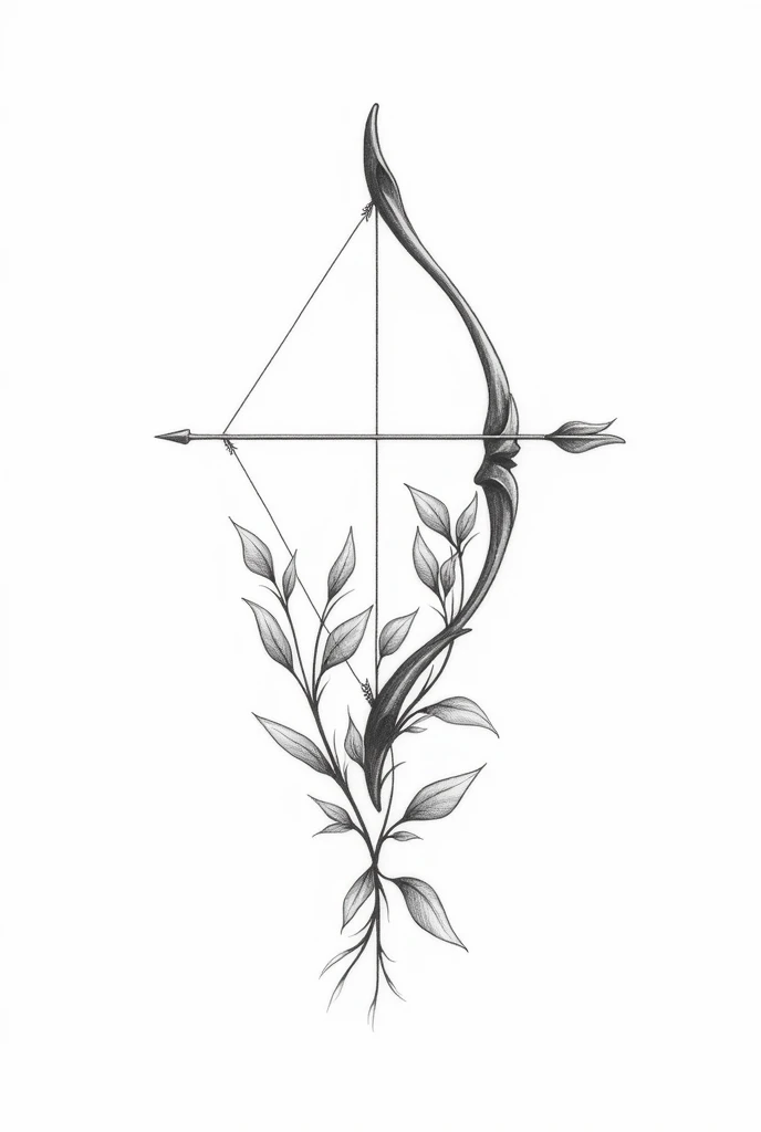 Make a tattoo sketch in the form of a drawing that is a bow and arrow that has leaves involved in it Without any other elements other than the leaves and the bow and arrow and with a white background It needs to contain the arrow Make the drawing delicate