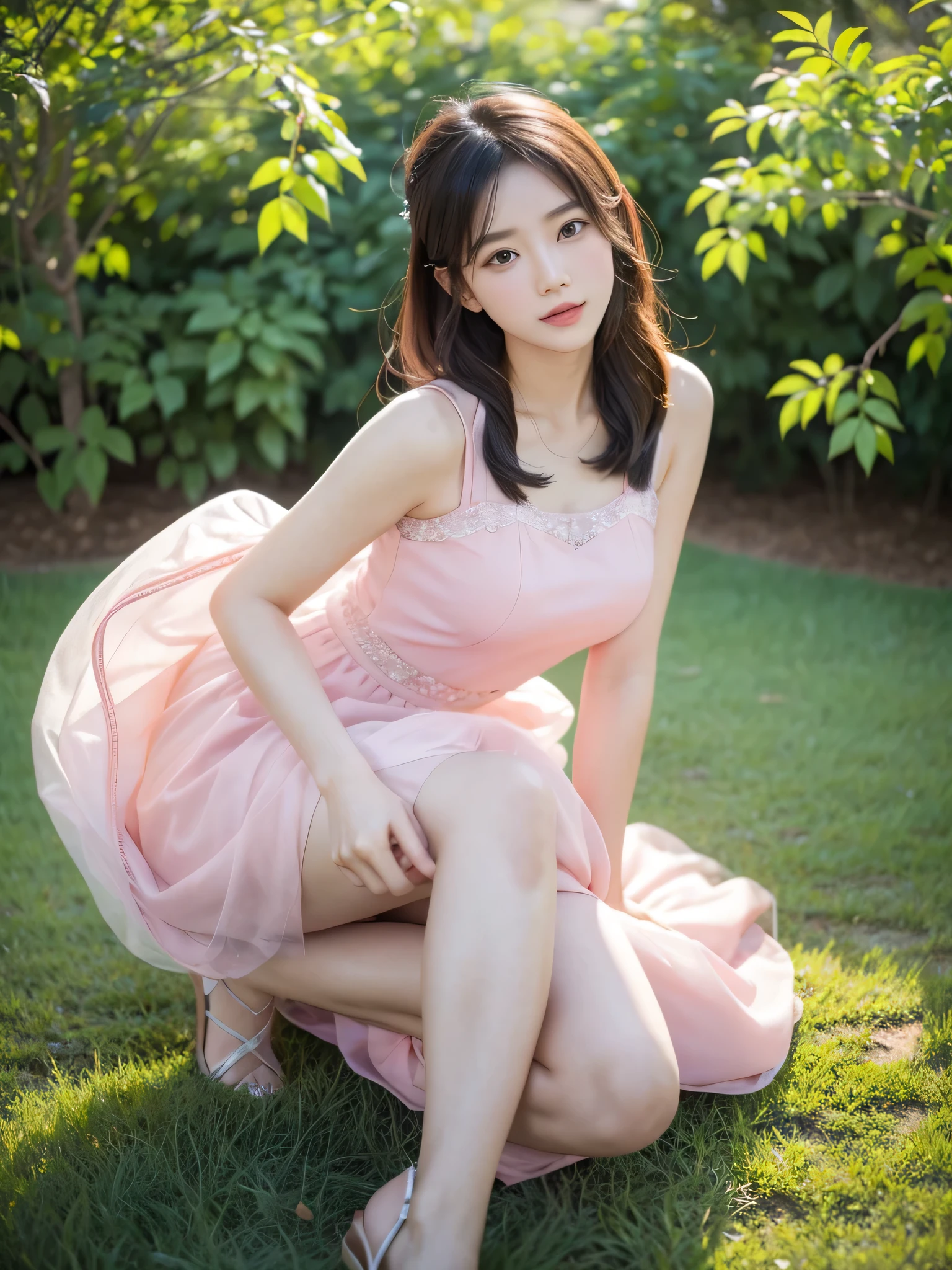 An Asian woman wearing a pink dress is sitting on the grass., Gu Weiss, Cute and beautiful, Chinese Girl, Cute and delicate face, Cute and elegant pose, Ulzan, Beautiful Korean woman, artwork in the style of Gu Weiss, Korean Girl, xintong chen, (pink), Girl cute - delicate face, Beautiful Asian girl