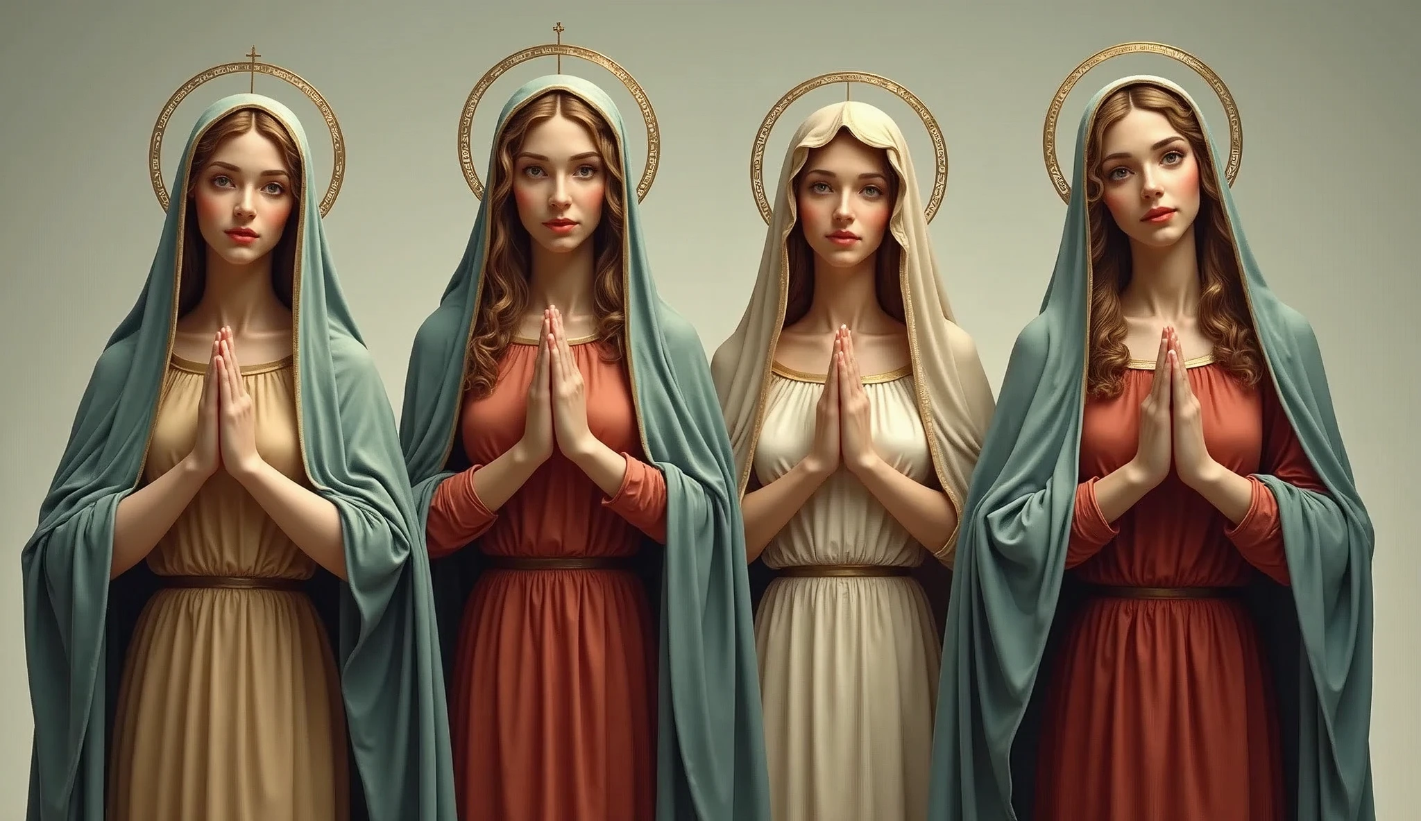 Four beautiful women standing side by side facing forward。Virgin Mary of、20歳Virgin Mary of、24歳Virgin Mary of、28歳Virgin Mary of。She is wearing a reddish-beige tunic with a sky-blue cloak and veil.
