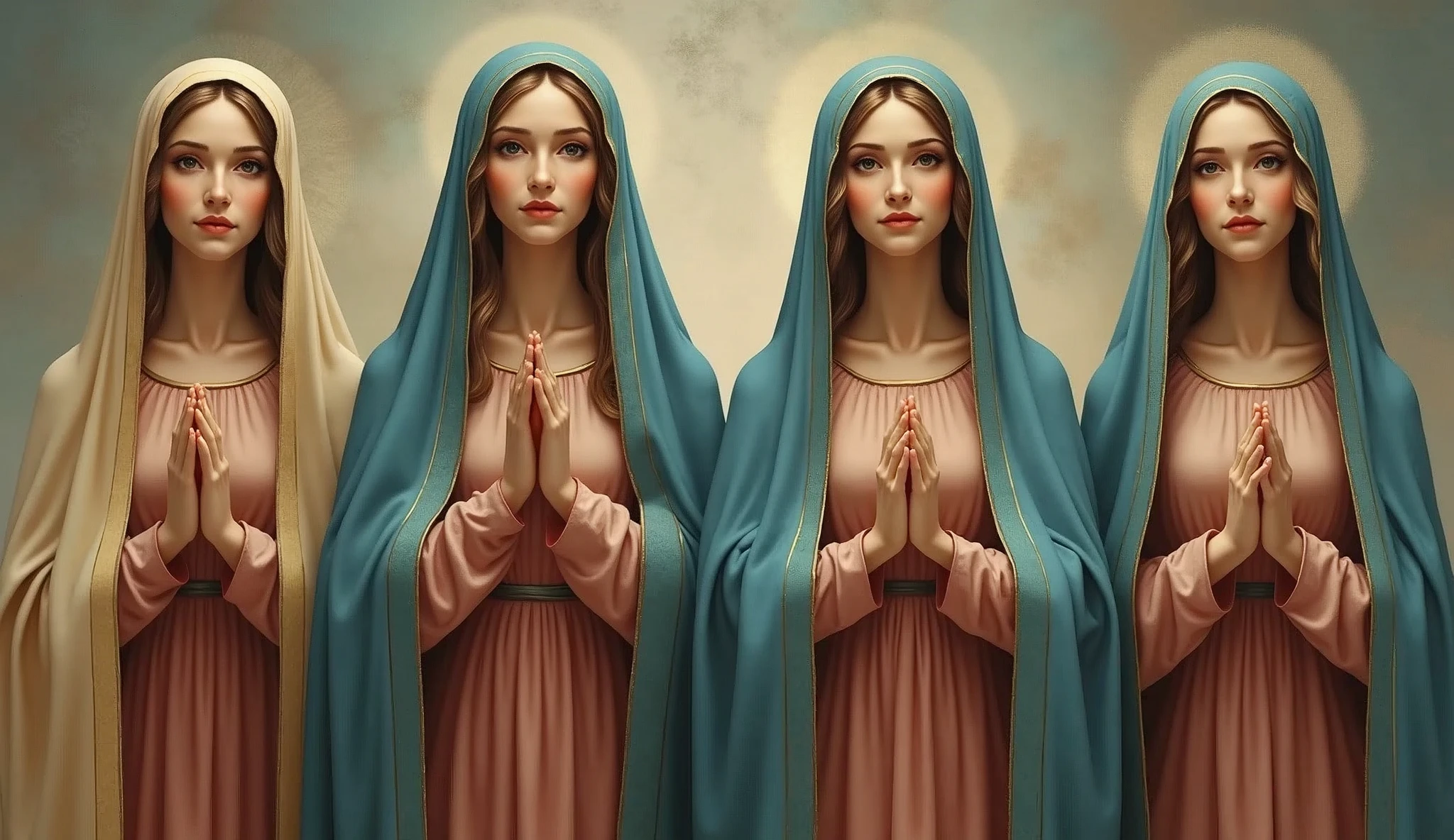 Four beautiful women standing side by side facing forward。Virgin Mary of、20歳Virgin Mary of、24歳Virgin Mary of、28歳Virgin Mary of。She is wearing a reddish-beige tunic with a sky-blue cloak and veil.
