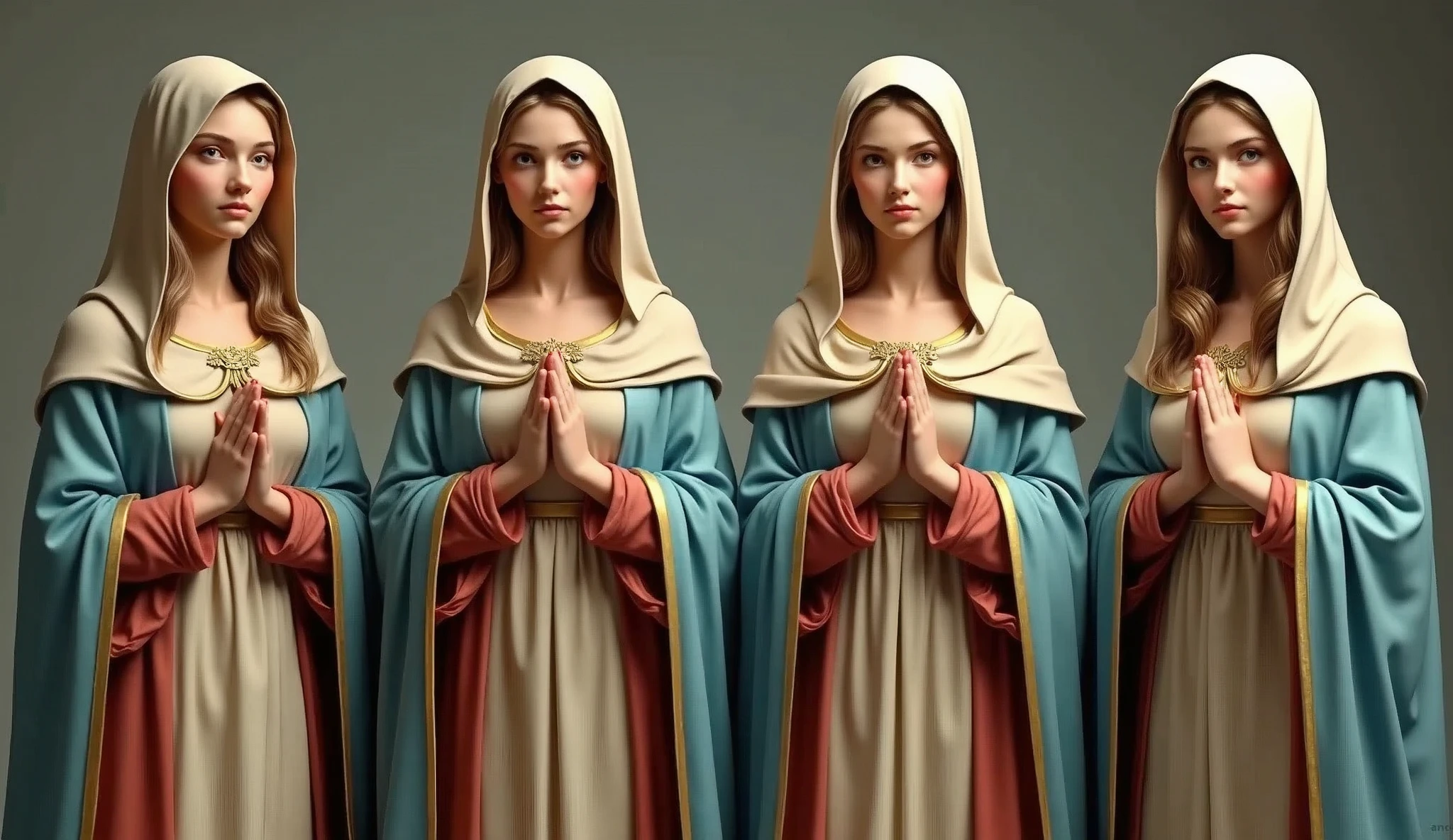 Four beautiful women standing side by side facing forward。Virgin Mary of、20歳Virgin Mary of、24歳Virgin Mary of、28歳Virgin Mary of。She is wearing a reddish-beige tunic with a sky-blue cloak and veil.
