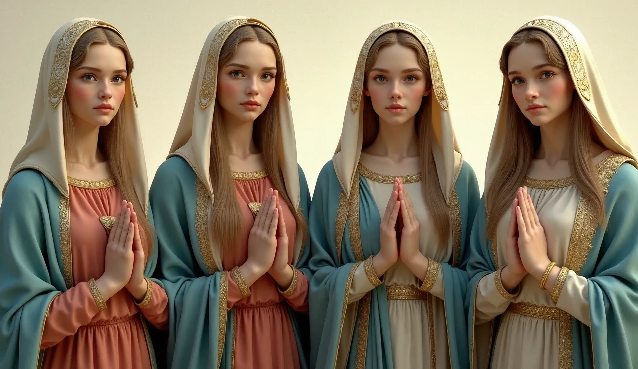 Four beautiful women standing side by side facing forward。Virgin Mary of、20歳Virgin Mary of、24歳Virgin Mary of、28歳Virgin Mary of。She is wearing a reddish-beige tunic with a sky-blue cloak and veil.