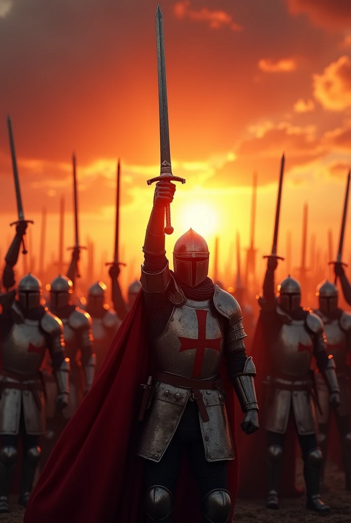 A highly realistic, high-contrast, 8K HD, detailed, hyper-detailed image of a group of medieval knights in armor, raising their swords high, standing tall under a fiery sunset. The sky is ablaze with orange and red hues, casting a dramatic light over the scene. The knights' armor glints in the fading sunlight, and their expressions are resolute, showing their readiness for battle. The atmosphere is intense and powerful, capturing the moment just before they charge into combat. The image is of the highest quality, with ultra-high resolution, RAW photo quality, and Unreal Engine rendering, depicting the knights' strength and determination under the vibrant sunset.