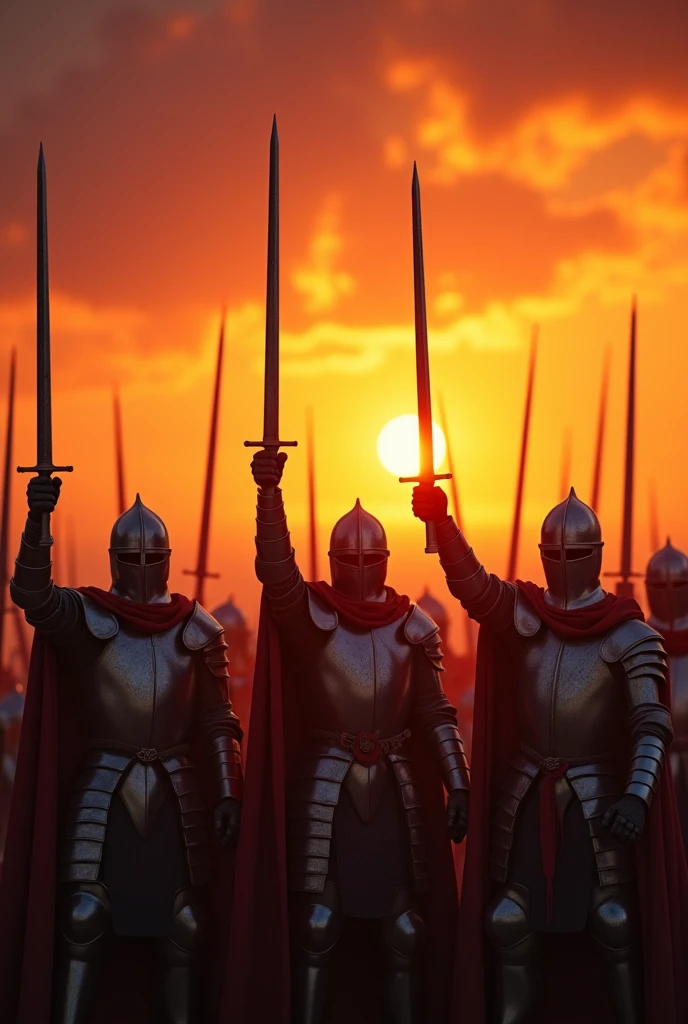 A highly realistic, high-contrast, 8K HD, detailed, hyper-detailed image of a group of medieval knights in armor, raising their swords high, standing tall under a fiery sunset. The sky is ablaze with orange and red hues, casting a dramatic light over the scene. The knights' armor glints in the fading sunlight, and their expressions are resolute, showing their readiness for battle. The atmosphere is intense and powerful, capturing the moment just before they charge into combat. The image is of the highest quality, with ultra-high resolution, RAW photo quality, and Unreal Engine rendering, depicting the knights' strength and determination under the vibrant sunset.
