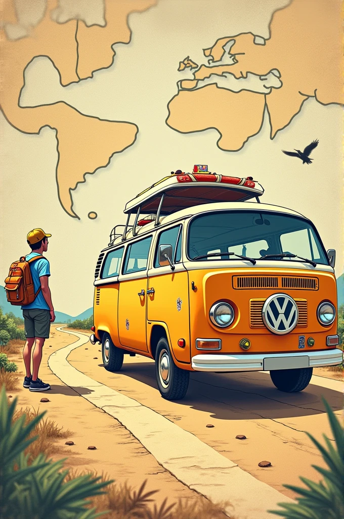 {
  "size": "1024x1024",
  "prompt": "A hand-drawn, illustration-style image featuring a person standing next to a classic kombi van. The person is on the left side of the image, casually dressed with a backpack. The kombi is bright and retro-styled, with travel stickers. In the background, there is a large map, slightly faded, showing various destinations. A winding road starts at the kombi and connects to a marked point on the map, symbolizing the journey ahead. The overall style is whimsical and colorful, like a travel adventure sketch."
}