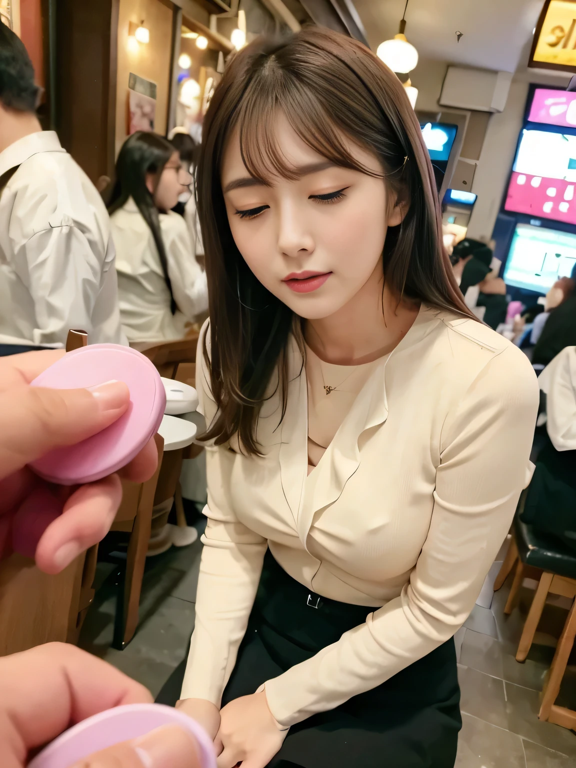 A vibrator prank in a cafe.、Woman in a restaurant,She leaned forward.,(She closes her eyes),she yawns, Many customers around、crowd、Hand holding a pink remote control outside the frame,She wants me to stop using the vibrator,Look here and plead、Embarrassed face、She puts her hands on her crotch under the table,She is wearing a black suit with a tight skirt、White blouse、meal、Sitting in a chair、Cafe、Fluffy medium hair、Pure erotic face、(Masseter muscle area:1.3)、(8k、Photorealistic、RAW Photos、Highest quality: 1.4)、(One Girl)、Very beautiful face、Very beautiful face、Very beautiful face、(Very realistic face)、(Brown hair、Fluffy medium hair:1.3)、Very beautiful hairstyles、Very realistic eyes、Very beautiful details、(Extremely realistic skin)、Very beautiful skin、absurdes、Very attractive、Ultra-high resolution、surreal、High definition、Golden Ratio、Golden Ratio、Golden Ratio、beauty、beauty、beauty。