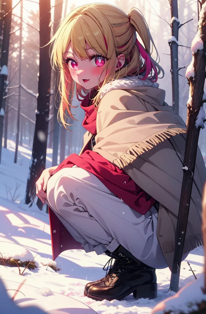 rubyhoshino, Hoshino Ruby, Long Hair, bangs, Blonde, (Pink Eyes:1.3), (Symbol-shaped pupil:1.5), Multicolored Hair, Two-tone hair, smile,blush,white breath,
Open your mouth,snow,Ground bonfire, Outdoor, boots, snowing, From the side, wood, suitcase, Cape, Blurred, , forest, White handbag, nature,  Squat, Mouth closed, Cape, winter, Written boundary depth, Black shoes, red Cape break looking at viewer, Upper Body, whole body, break Outdoor, forest, nature, break (masterpiece:1.2), Highest quality, High resolution, unity 8k wallpaper, (shape:0.8), (Beautiful and beautiful eyes:1.6), Highly detailed face, Perfect lighting, Highly detailed CG, (Perfect hands, Perfect Anatomy),