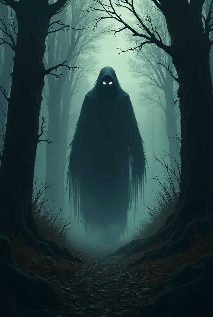 Black shadowy figure standing in a dark forest with glowing eyes starting approaching towards me and I started to run