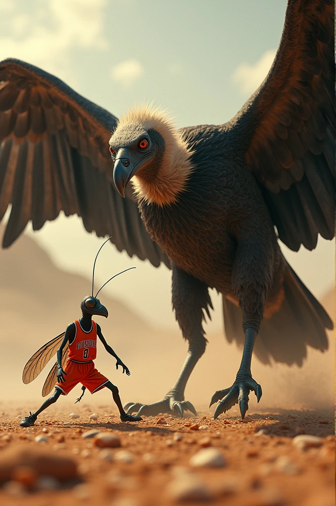 A fight between a vulture and a mosquito wearing a basketball uniform