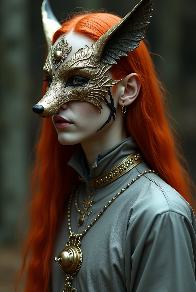 Male high fae red-haired and finely dressed in a tunic of muted silver with a bronze mask fashioned after a fox's features concealing all but lower part of his face with a wicked scar slashing from his brow down to jaw with a missing eye but carved with golden orb