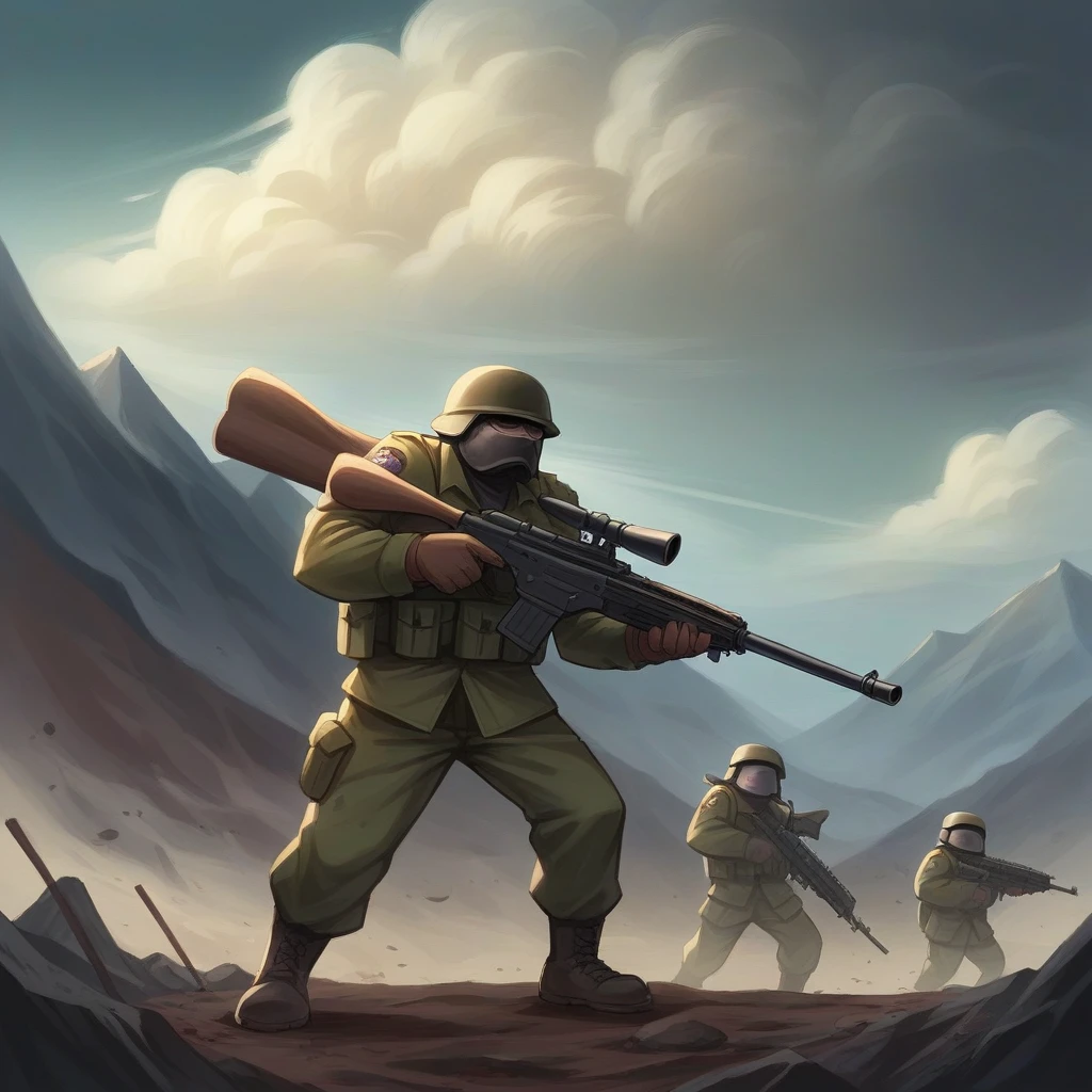 Create a powerful and dramatic scene featuring two Indian soldiers in action during a fierce battle. The soldiers, dressed in full combat gear with turbans, are shown with determination in their expressions as they move forward through a rugged, mountainous terrain. One soldier carries the Indian national flag, proudly holding it high as it waves in the wind, symbolizing victory and patriotism. The other soldier is armed with a rifle, ready for combat. The background should depict a stormy sky with dark clouds, adding intensity to the scene, and the overall atmosphere should evoke a sense of courage, sacrifice, and national pride."