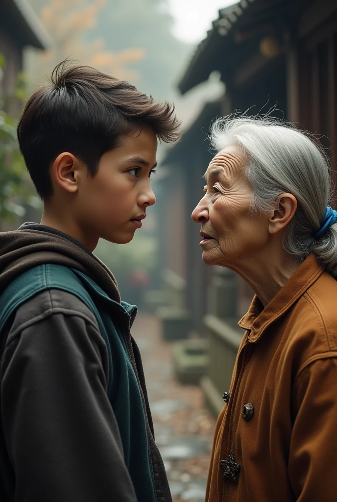 Young Man's Arrival : A curious young man approaching the old woman with an expression of anticipation, hinting at his search for answers. In dall e-3 style