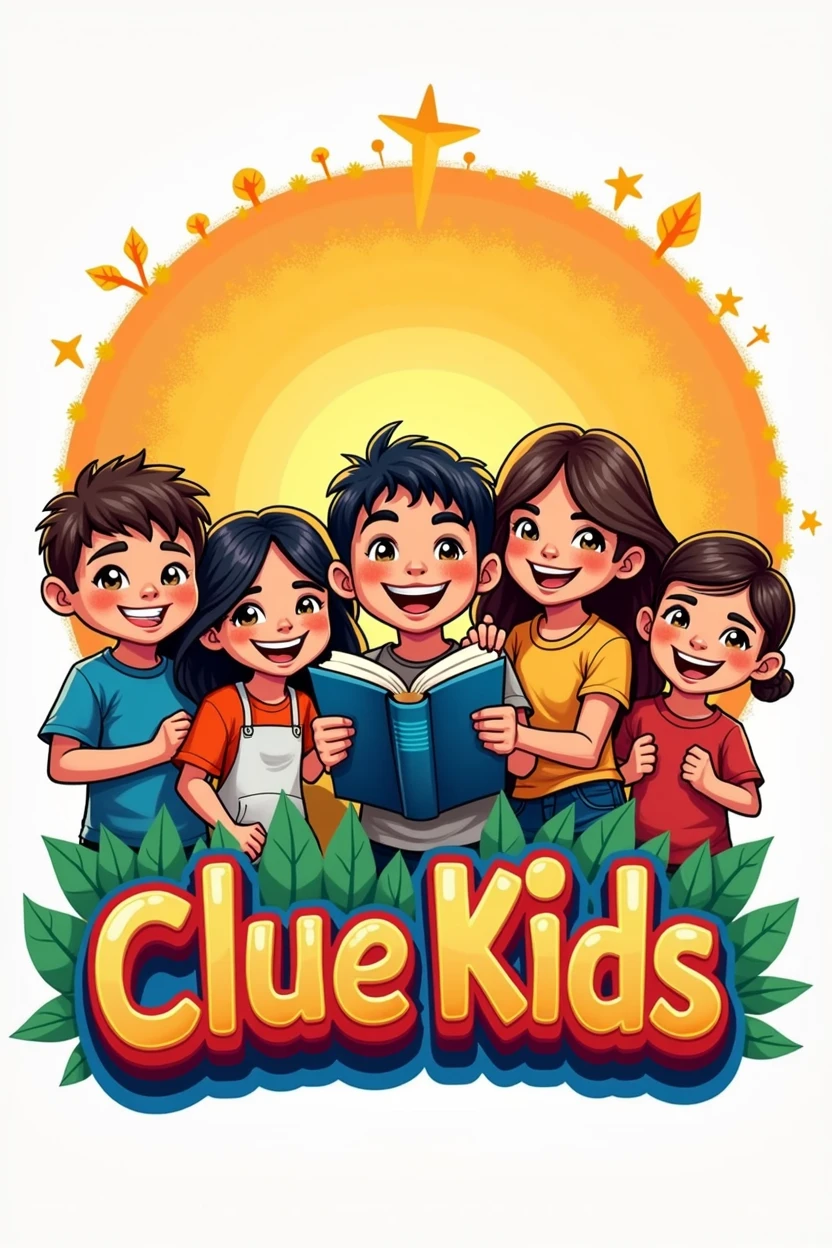 Create a logo that features a Christian Bible and says 'Clue Kids' in colorful Latin American Spanish. It should also include some children from today's time.