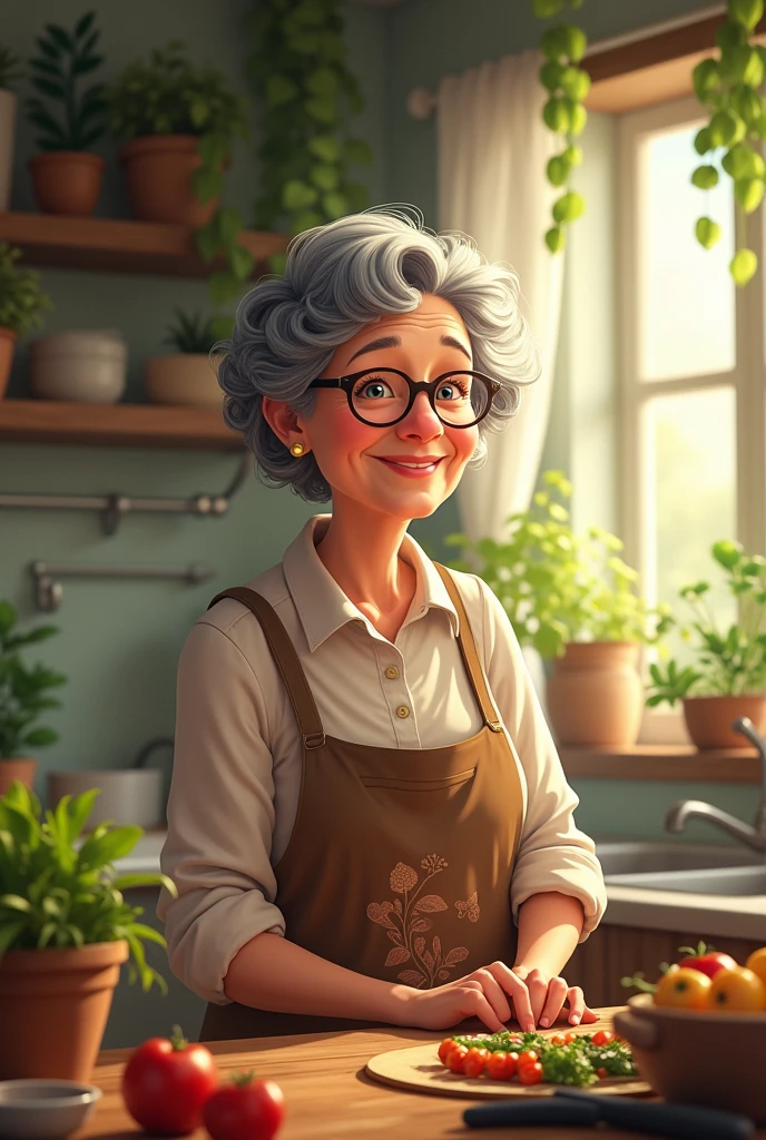 ((best quality)), ((masterpiece)), (detailed), perfect face create an image of an adorable grandmother with slightly curly black hair, who loves to cook and cook for her grandchildren who always go there to see her and stay with her, full of love, do it yourself, and remember she is almost 70 years old, Put glasses on her and make a house with more plants